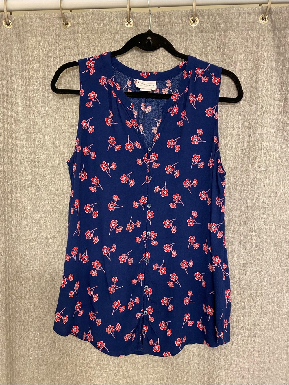 Sleeveless Navy Floral Split-Neck Top
